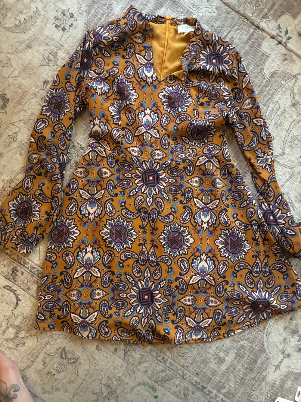 Everly Mustard Paisley Long Sleeve Fit-and-Flare Dress